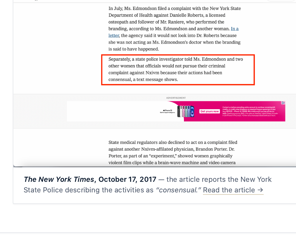 Excerpt from the New York Times October 17, 2017 article 'Inside a Secretive Group Where Women Are Branded.' A red box highlights the sentence: 'Separately, a state police investigator told Ms. Edmondson and two other women that officials would not pursue their criminal complaint against Nxivm because their actions had been consensual, a text message shows.'